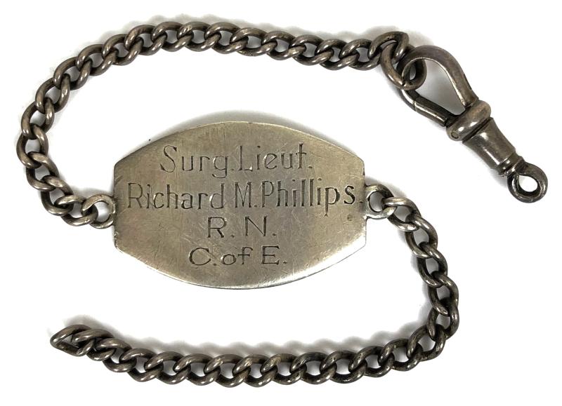 WW2 Royal Navy Surgeon Lieutenant Richard Morgan Phillips Silver identification Bracelet
